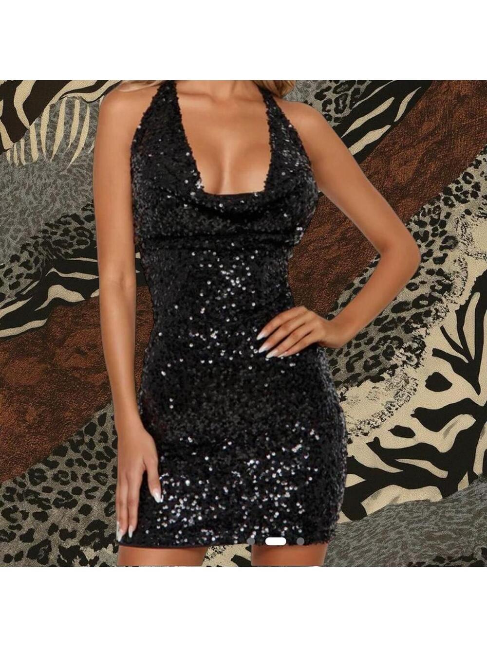 Fashion nova - brand new - Black sequin mini dress with cowl neck